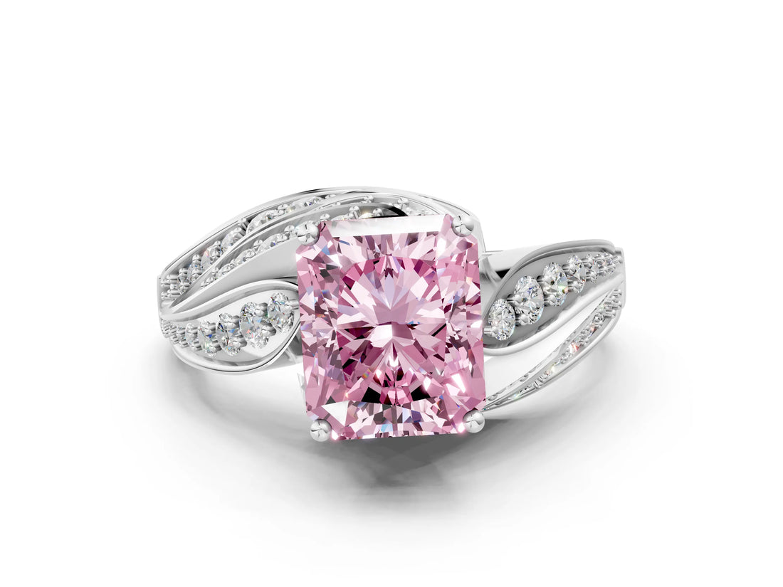 White gold Fancy Pink Radiant Cut Diamond Solitaire Ring with Prong Setting and Twisted Pavé Band_12