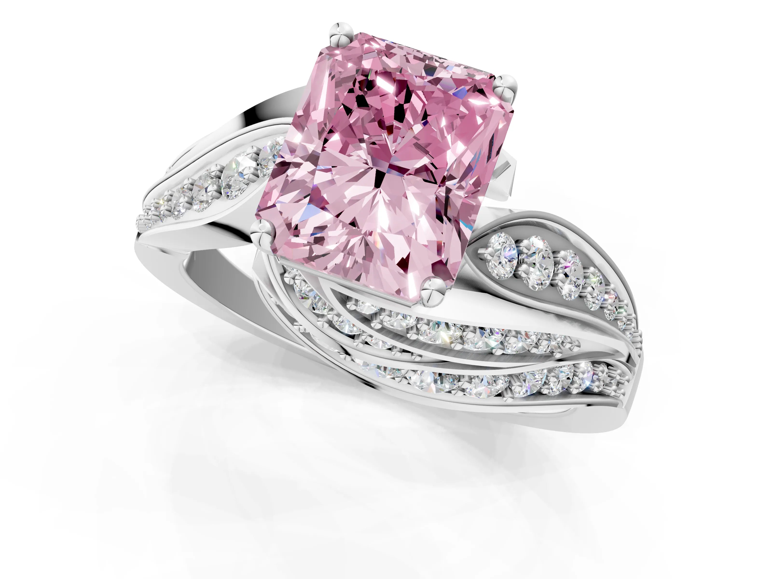 White gold Fancy Pink Radiant Cut Diamond Solitaire Ring with Prong Setting and Twisted Pavé Band_13