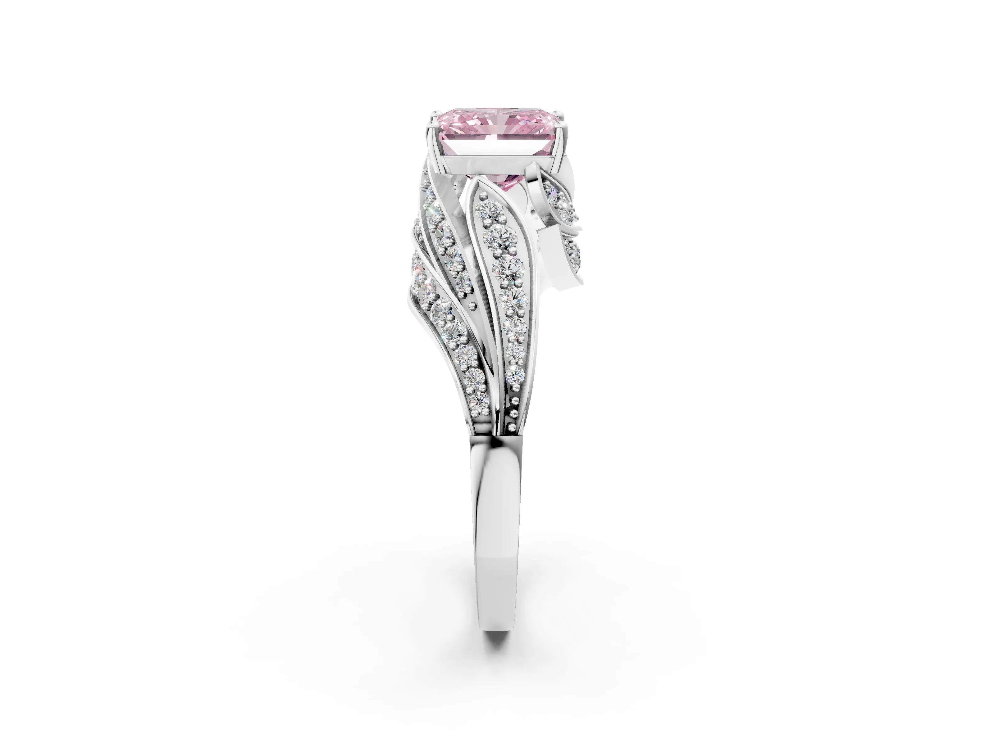 White gold Fancy Pink Radiant Cut Diamond Solitaire Ring with Prong Setting and Twisted Pavé Band_14