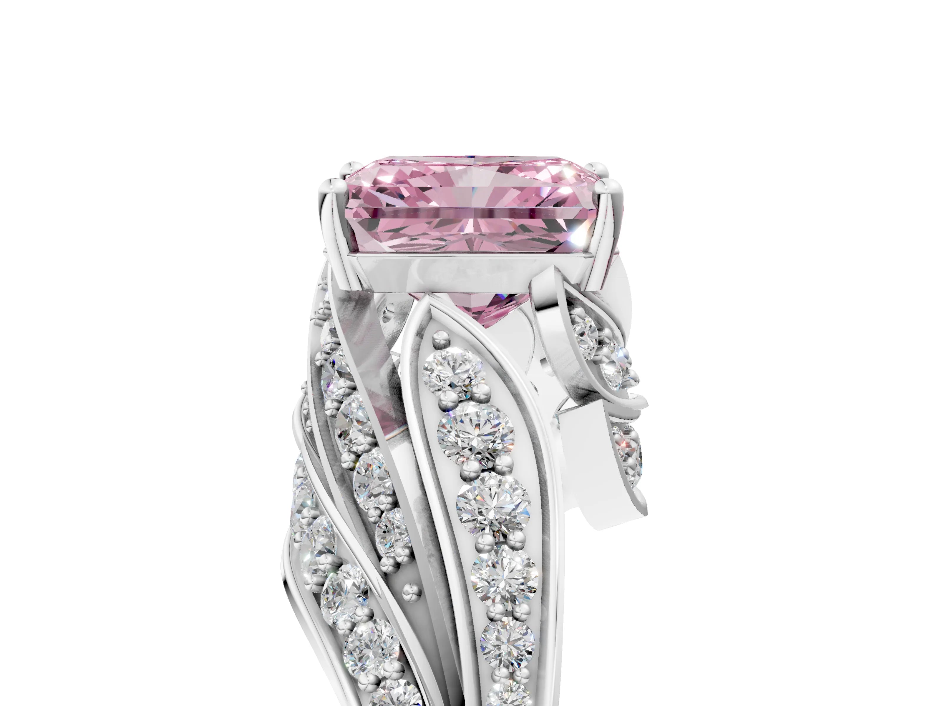 White gold Fancy Pink Radiant Cut Diamond Solitaire Ring with Prong Setting and Twisted Pavé Band_17