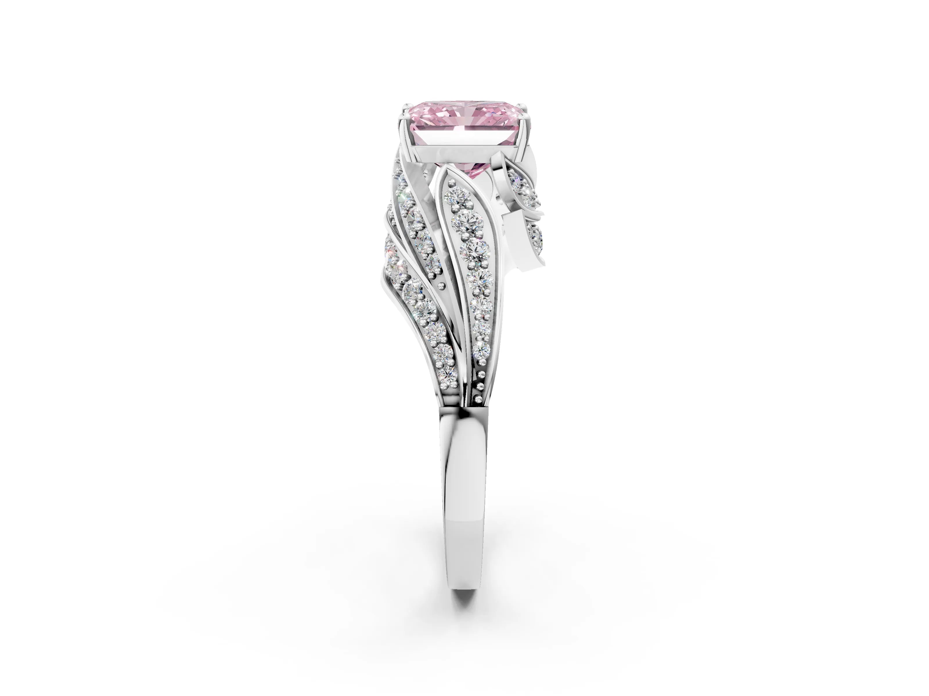 White gold Fancy Pink Radiant Cut Diamond Solitaire Ring with Prong Setting and Twisted Pavé Band_2