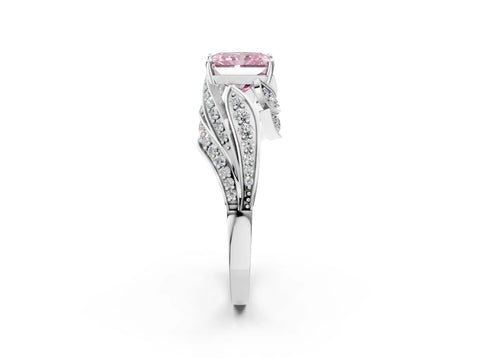 White gold Fancy Pink Radiant Cut Diamond Solitaire Ring with Prong Setting and Twisted Pavé Band_2