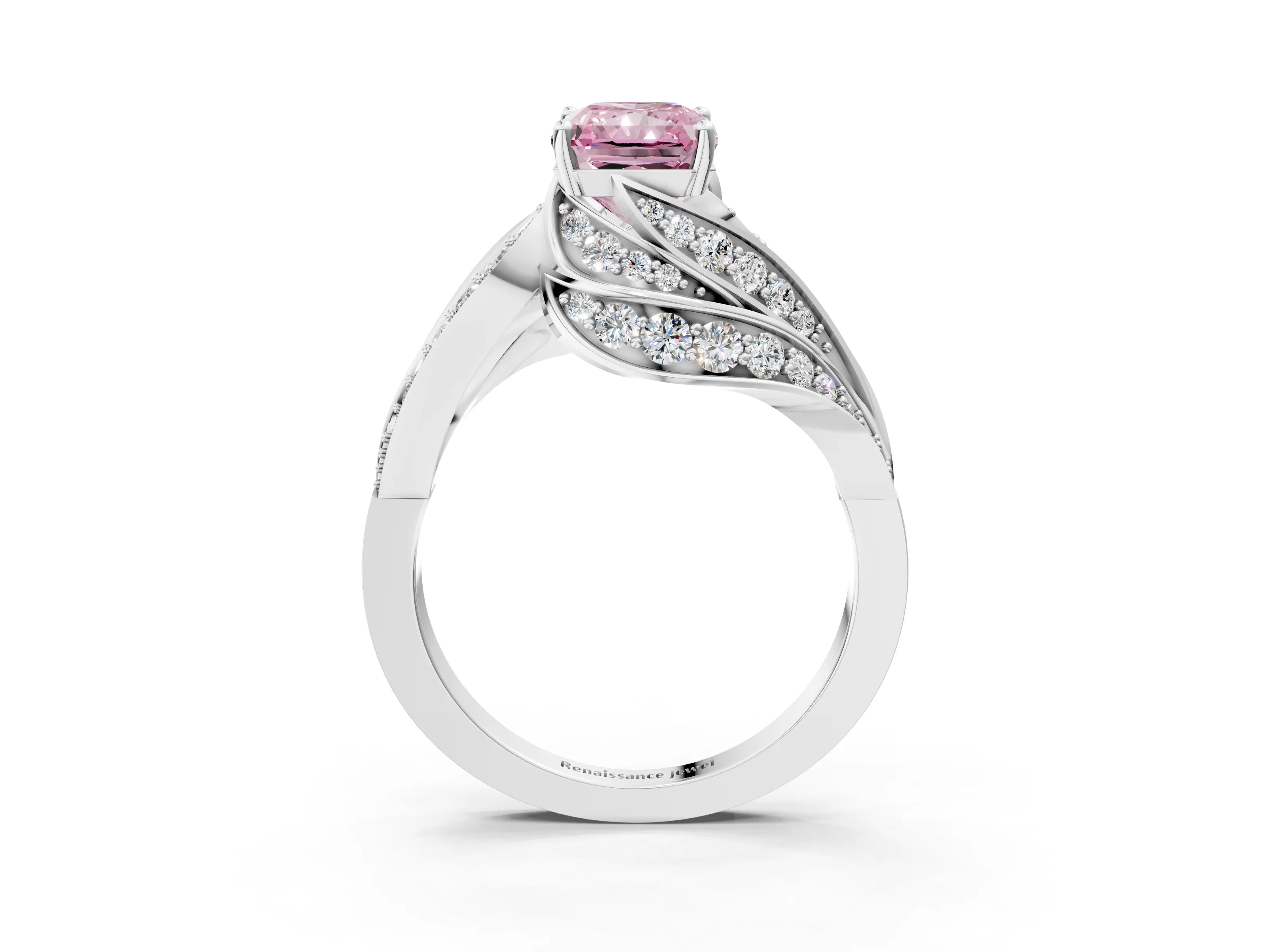 White gold Fancy Pink Radiant Cut Diamond Solitaire Ring with Prong Setting and Twisted Pavé Band_3