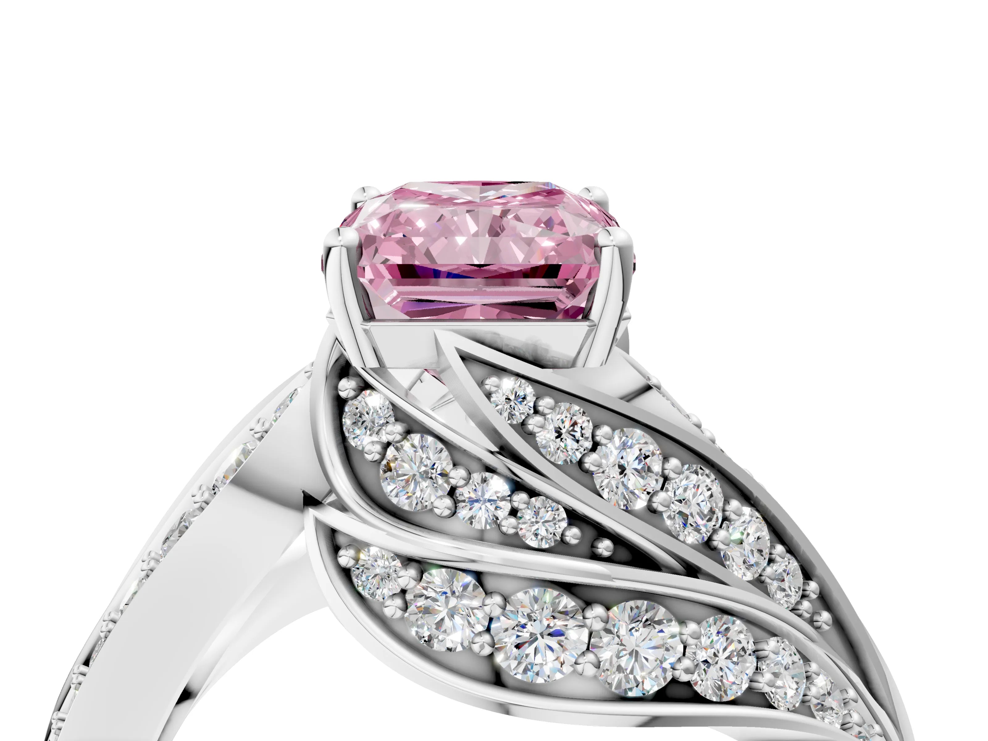 White gold Fancy Pink Radiant Cut Diamond Solitaire Ring with Prong Setting and Twisted Pavé Band_4