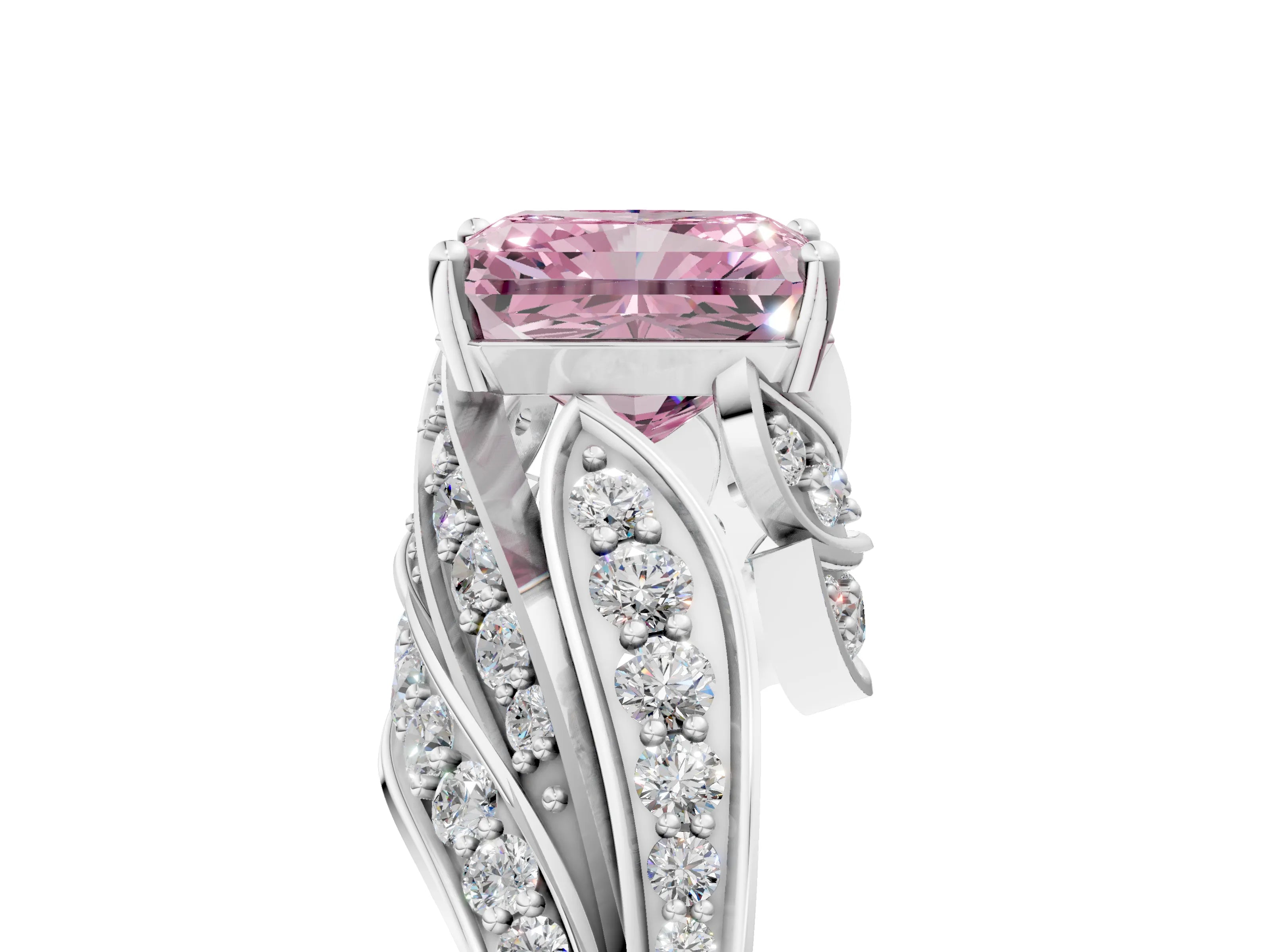 White gold Fancy Pink Radiant Cut Diamond Solitaire Ring with Prong Setting and Twisted Pavé Band_5