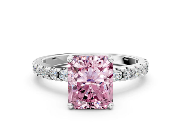 White Gold Radiant Cut Hidden Halo Solitaire Engagement Ring Setting for Fancy Pink Center with Single Row Pave Band