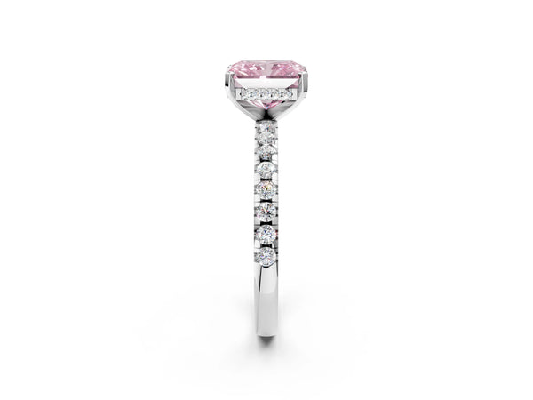 White Gold Radiant Cut Hidden Halo Solitaire Engagement Ring Setting for Fancy Pink Center with Single Row Pave Band