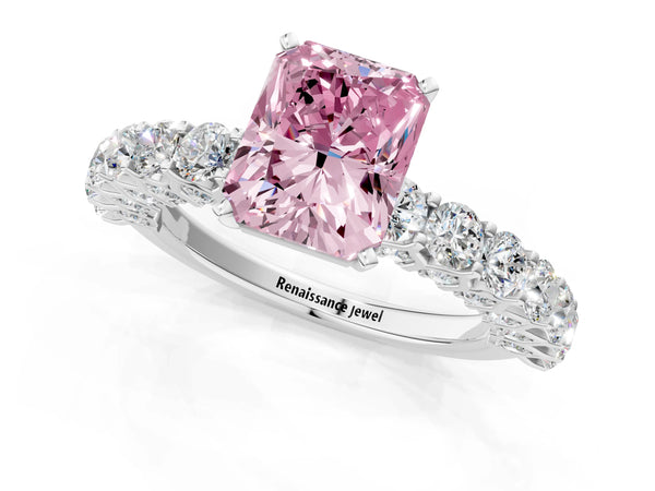 Platinum Radiant Cut Shared Prong Pave Engagement Ring Setting for Fancy Pink Center