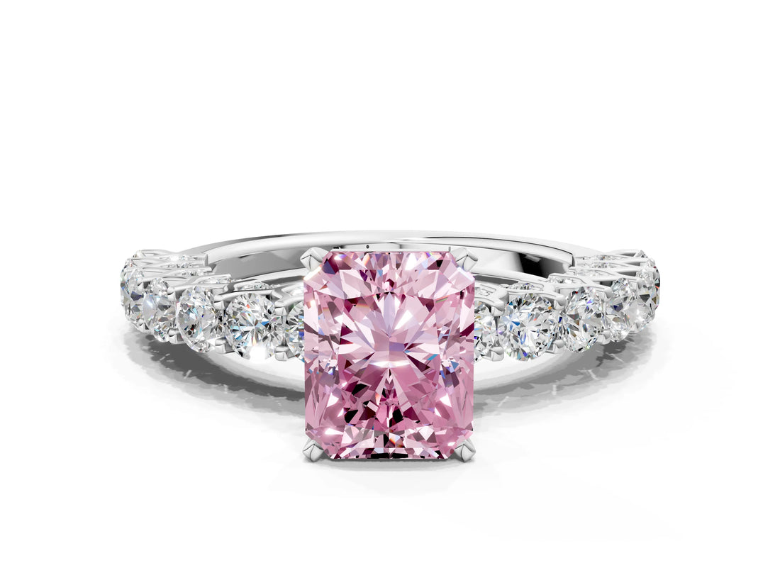 White gold Fancy Pink Radiant Cut Diamond Solitaire Ring with Shared Prong Pavé Band and Four-Prong Setting_71