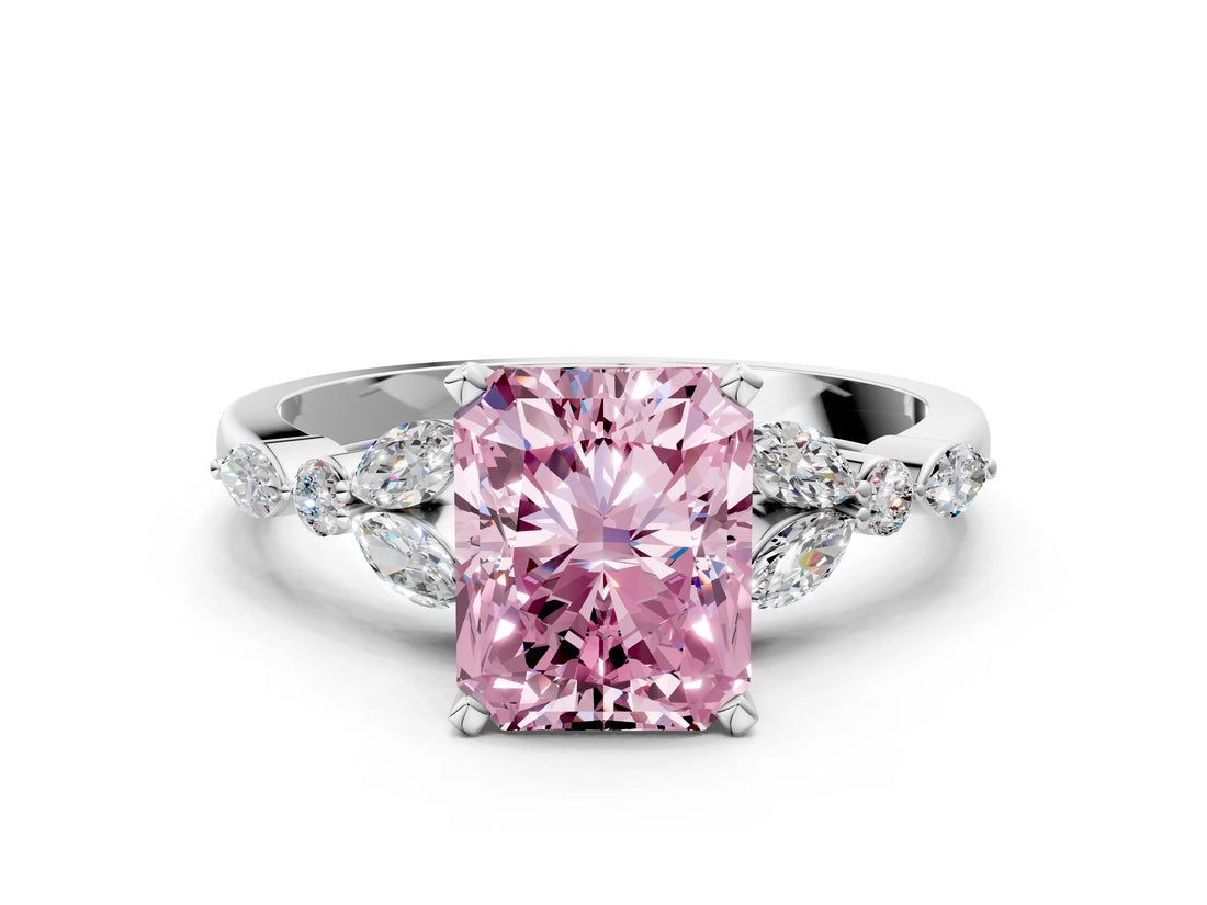 White gold Fancy Pink Radiant Cut Diamond Solitaire Ring with Side Stones and Four-Prong Setting_113