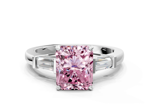 White gold Fancy Pink Radiant  Cut Diamond Solitaire Ring with Tapered Baguette Accents and Four-Prong Setting