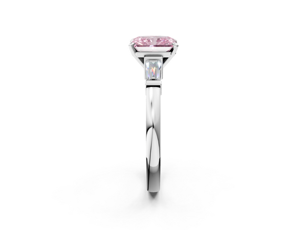 White gold Fancy Pink Radiant  Cut Diamond Solitaire Ring with Tapered Baguette Accents and Four-Prong Setting