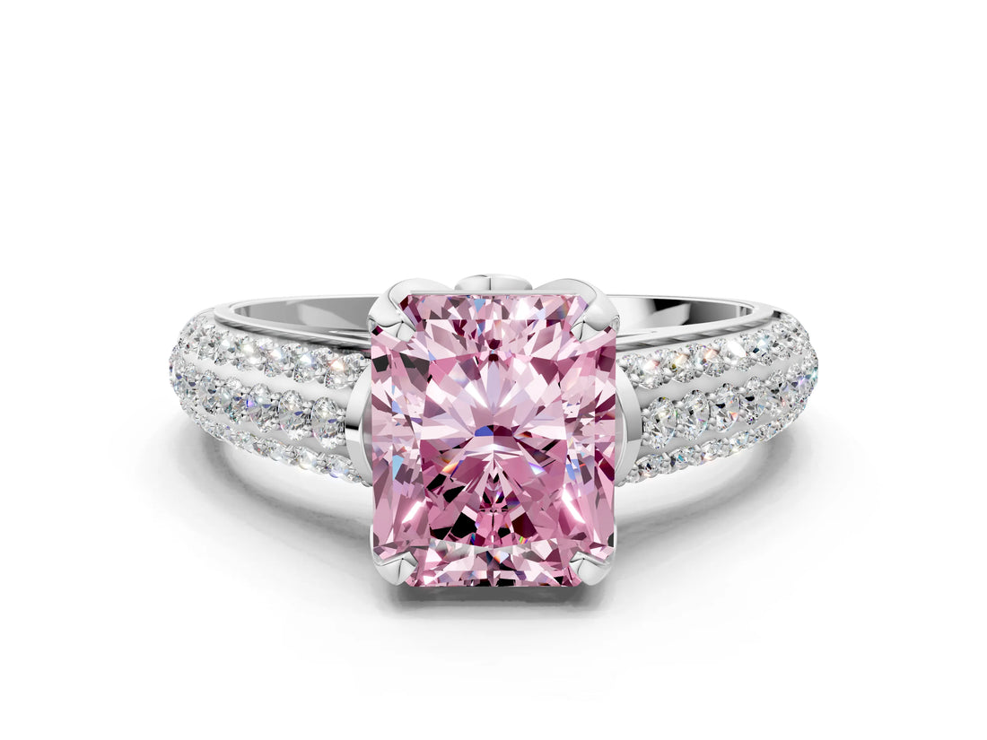 White gold Fancy Pink Radiant Cut Diamond Solitaire Ring with Three-Row Pavé Band and Four-Prong Setting_46
