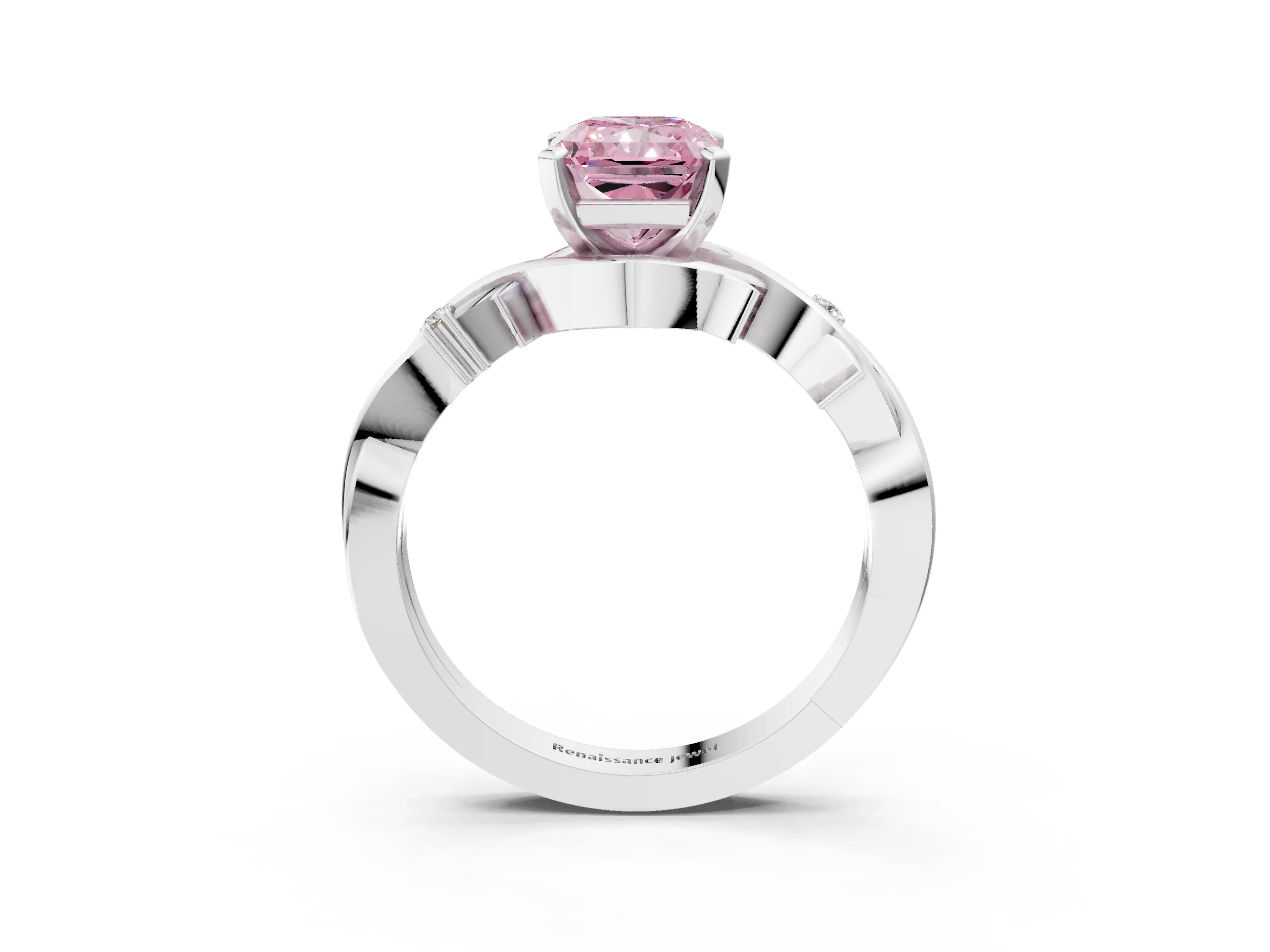 White gold Fancy Pink Radiant Cut Diamond Solitaire Ring with Twisted Band and Prong Setting_245