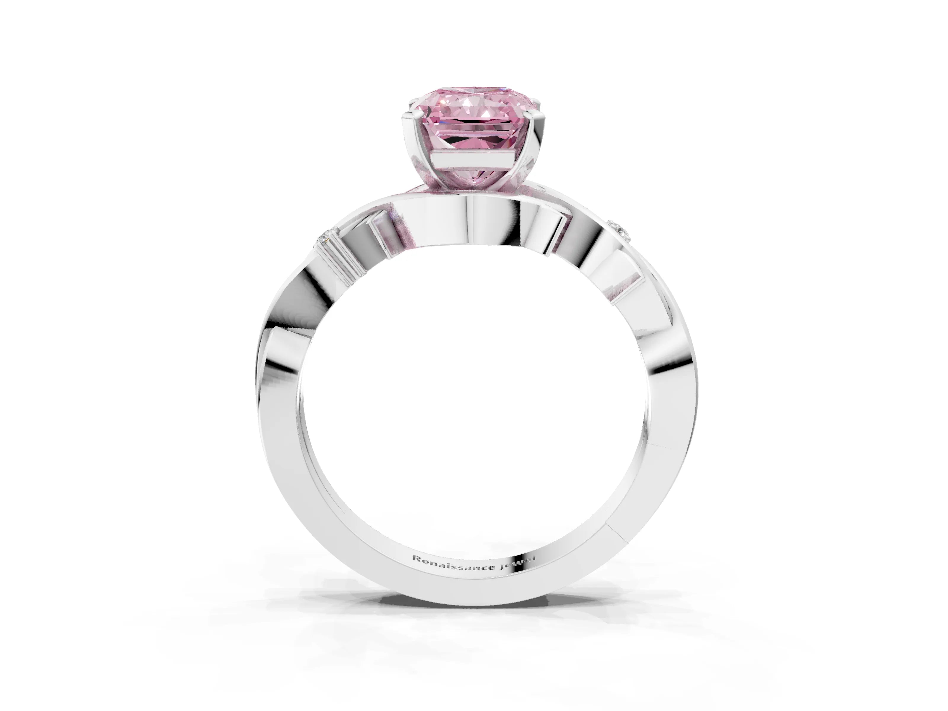 White gold Fancy Pink Radiant Cut Diamond Solitaire Ring with Twisted Band and Prong Setting_251