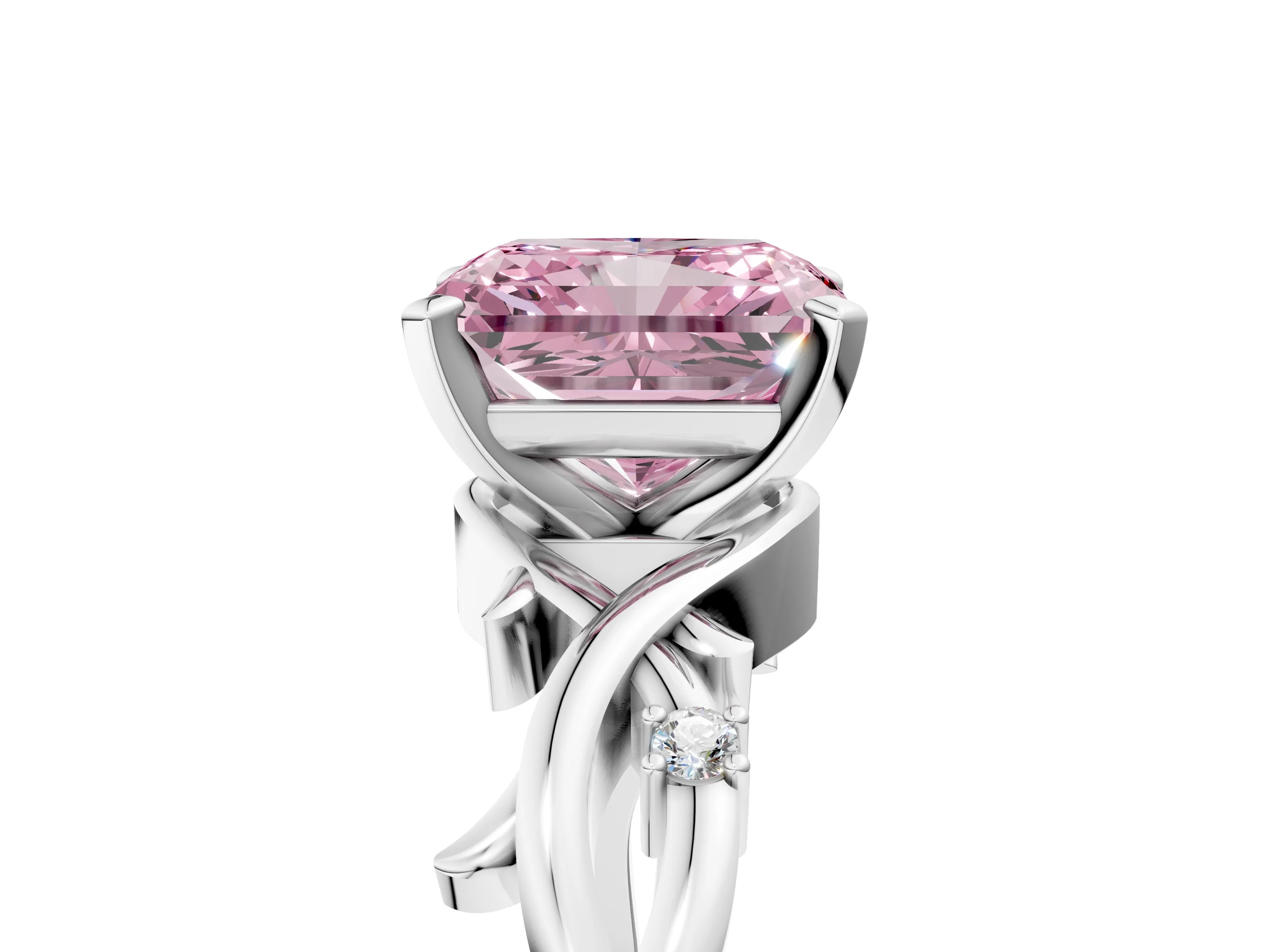 White gold Fancy Pink Radiant Cut Diamond Solitaire Ring with Twisted Band and Prong Setting_253