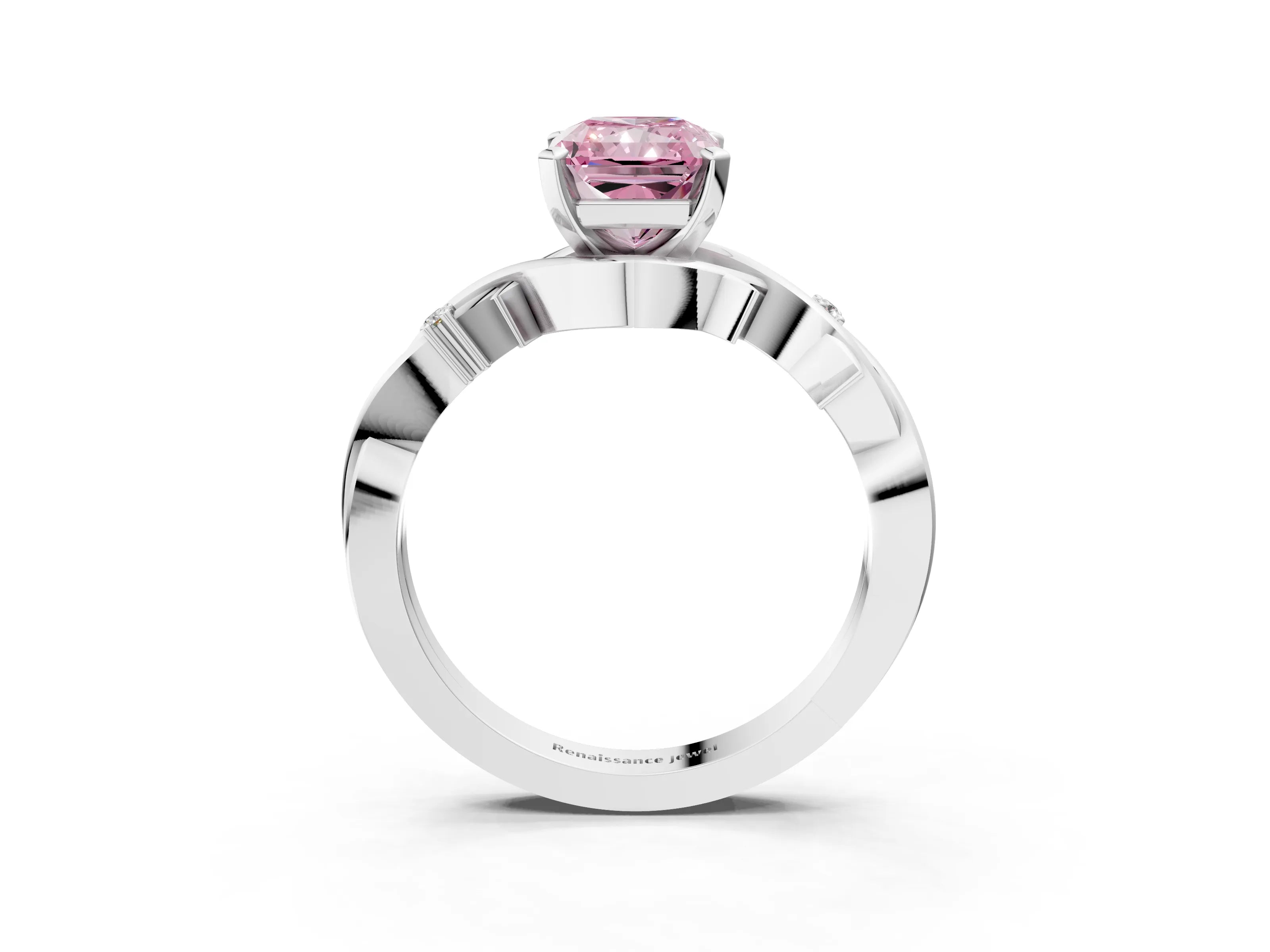 White gold Fancy Pink Radiant Cut Diamond Solitaire Ring with Twisted Band and Prong Setting_257