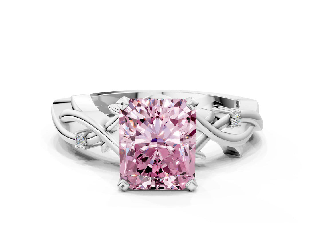 White gold Fancy Pink Radiant Cut Diamond Solitaire Ring with Twisted Band and Prong Setting_260
