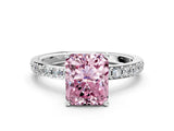 White gold Fancy Pink Radiant  Cut Diamond Solitaire with Pave Band and Four-Prong Setting