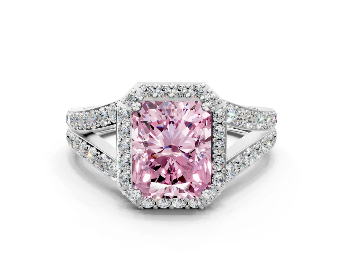 White gold Fancy Pink Radiant Cut Diamond Split Shank Halo Ring with Four-Prong Setting_70