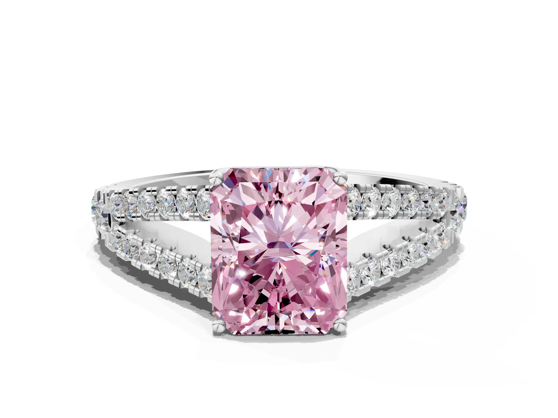White gold Fancy Pink Radiant Cut Diamond Split Shank Pavé Engagement Ring with Four-Prong Setting_121