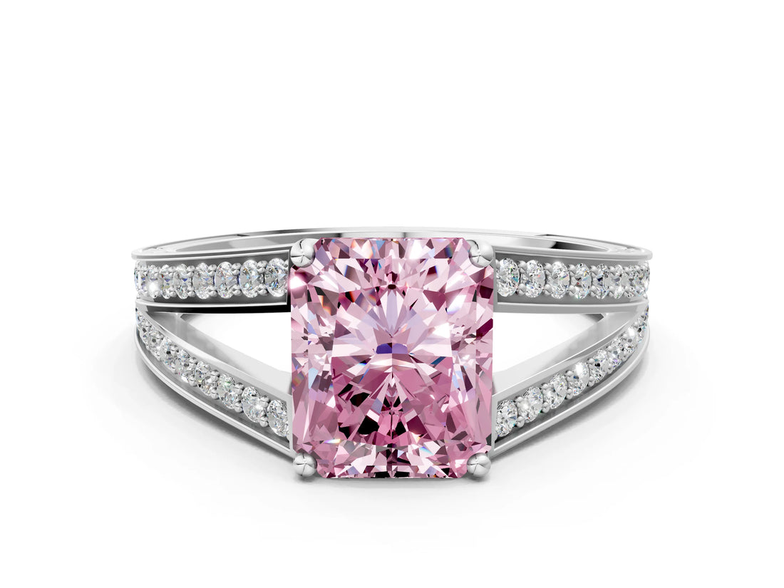 White gold Fancy Pink Radiant Cut Diamond Split Shank Ring with Pavé Band and Four-Prong Setting_78