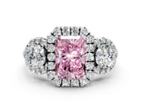 White gold Fancy Pink Radiant Cut Diamond Three-Stone Halo Ring with Prong Setting and Pavé Accents