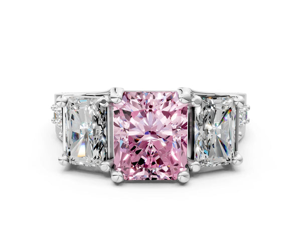 White Gold Radiant Cut Three Stone Pave Engagement Ring Setting for Fancy Pink Center with Near-Equal Side Stones