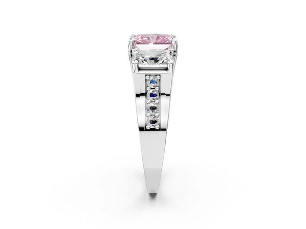 Platinum Radiant Cut Three Stone Pave Engagement Ring Setting for Fancy Pink Center with Near-Equal Side Stones