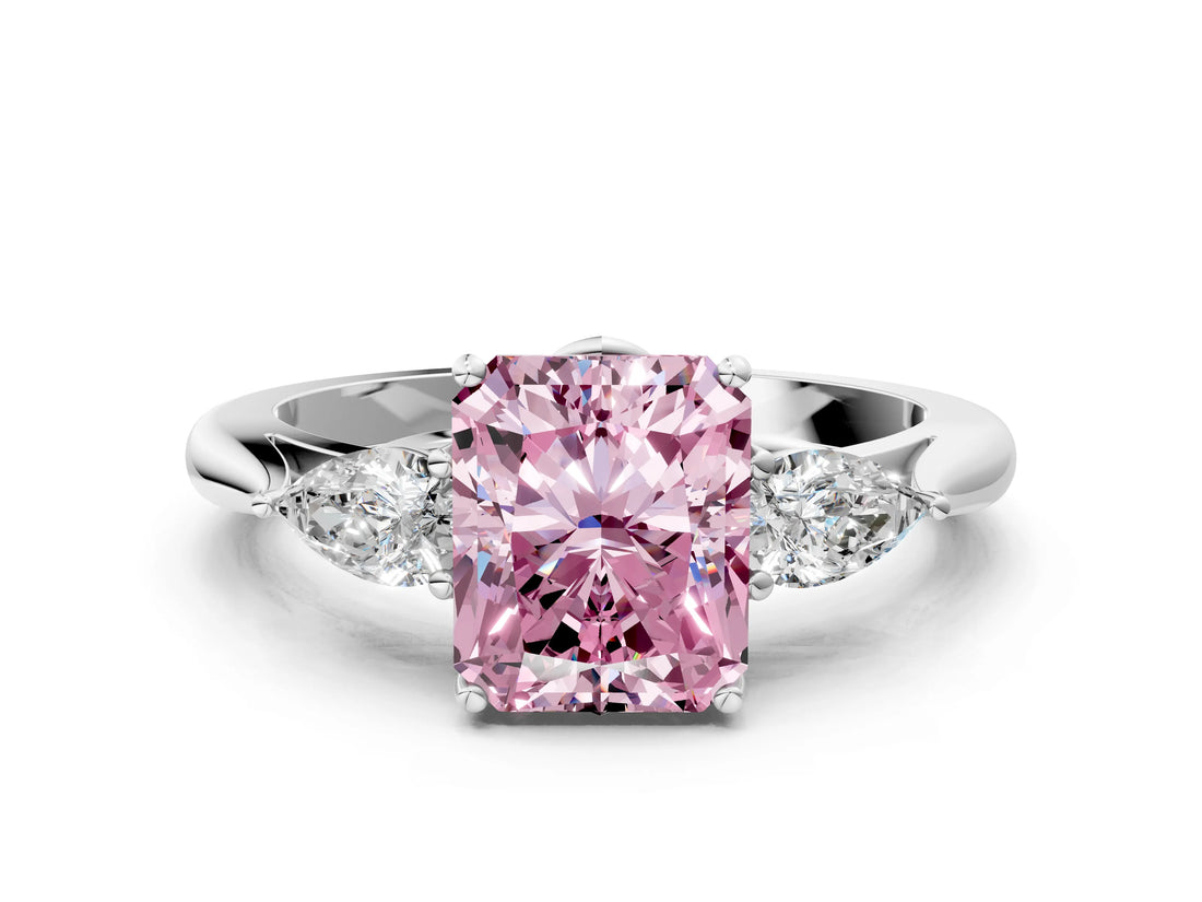 White gold Fancy Pink Radiant Cut Diamond Three-Stone Ring with Pear  Side Stones and Prong Setting_126