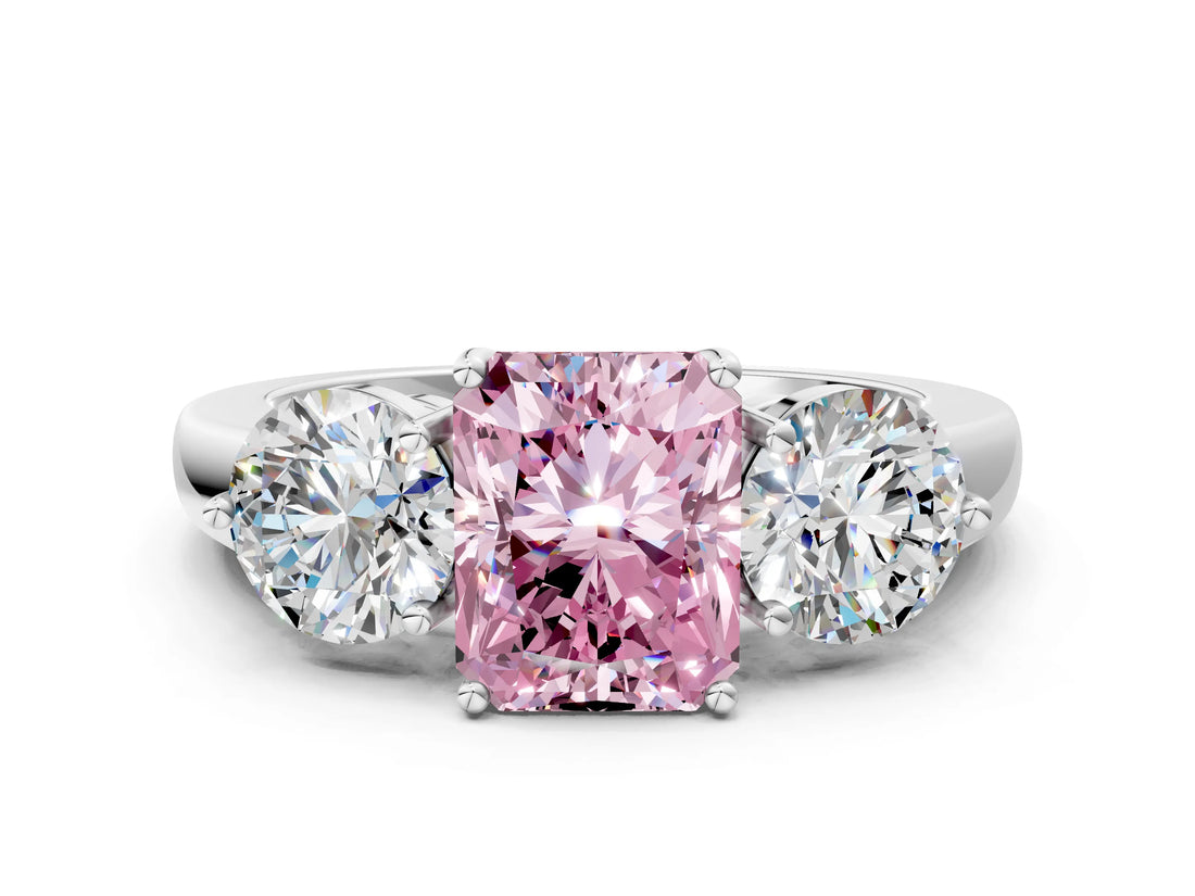 White gold Fancy Pink Radiant Cut Diamond Three-Stone Ring with Prong Setting and Classic Band_137