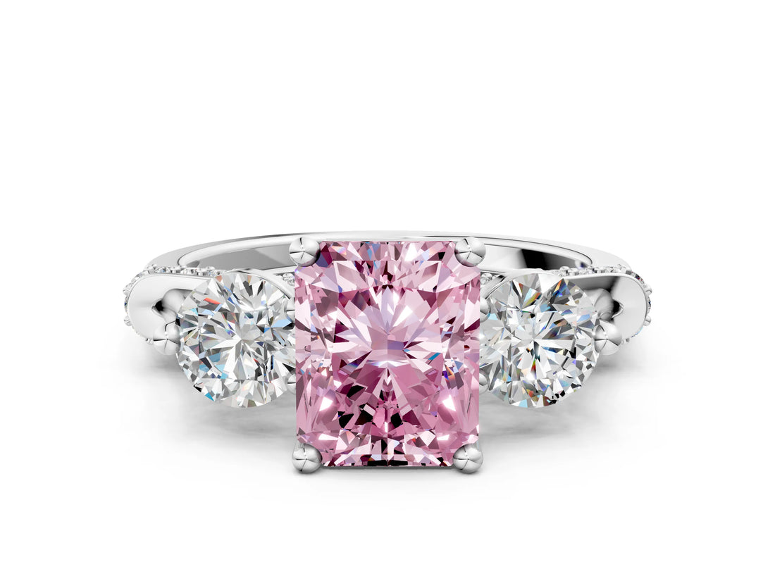 White gold Fancy Pink Radiant Cut Diamond Three-Stone Ring with Prong Setting and Pavé Band