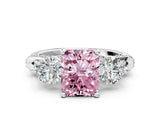 White gold Fancy Pink Radiant Cut Diamond Three-Stone Ring with Prong Setting and Pavé Band