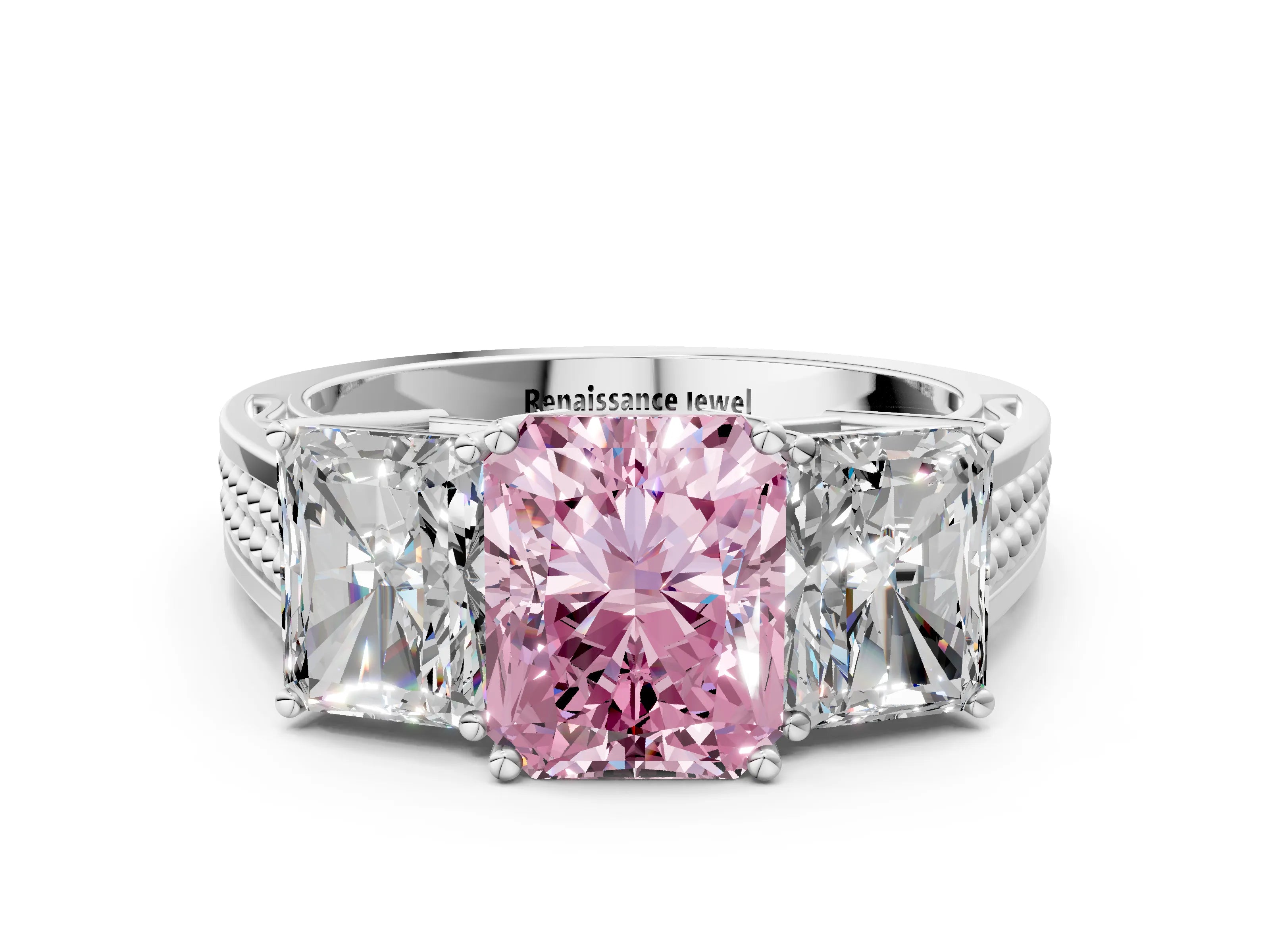 White gold Fancy Pink Radiant Cut Diamond Three-Stone Ring with Prong Setting and Textured Band