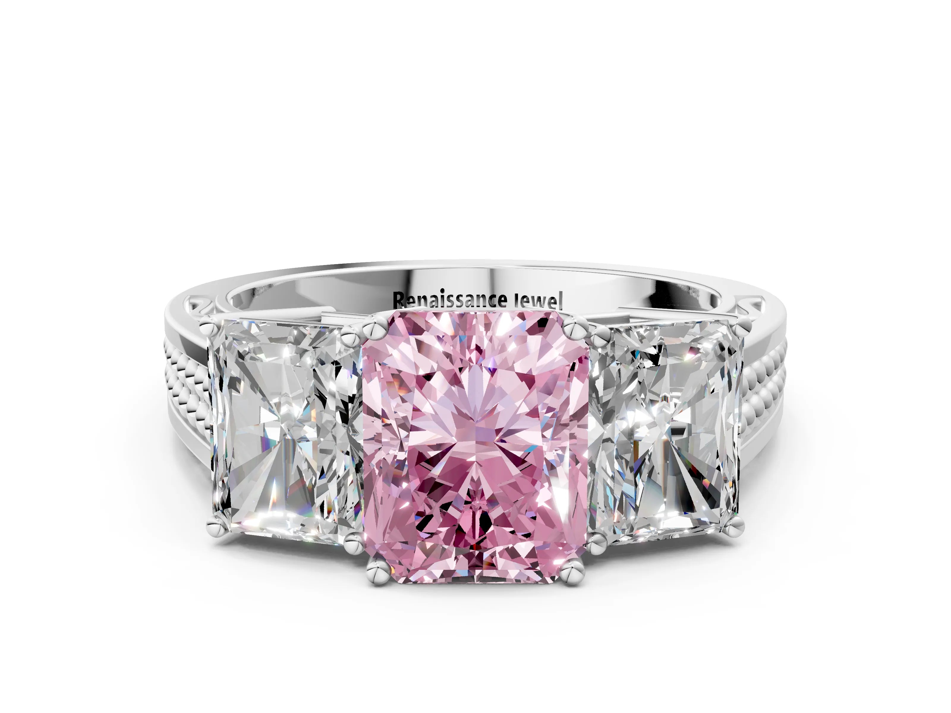 White gold Fancy Pink Radiant Cut Diamond Three-Stone Ring with Prong Setting and Textured Band_12