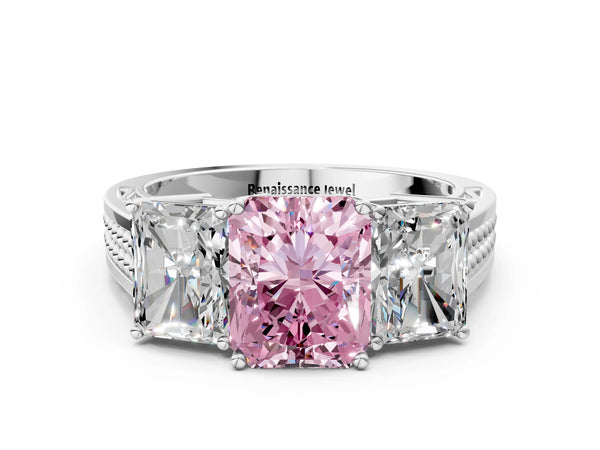 Platinum Fancy Pink Radiant Cut Diamond Three-Stone Ring with Prong Setting and Textured Band