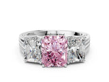 White gold Fancy Pink Radiant Cut Diamond Three-Stone Ring with Prong Setting and Textured Band_12
