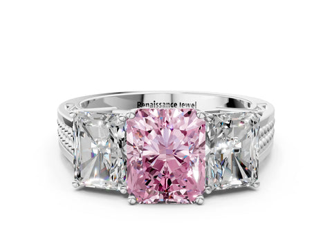 White gold Fancy Pink Radiant Cut Diamond Three-Stone Ring with Prong Setting and Textured Band_12