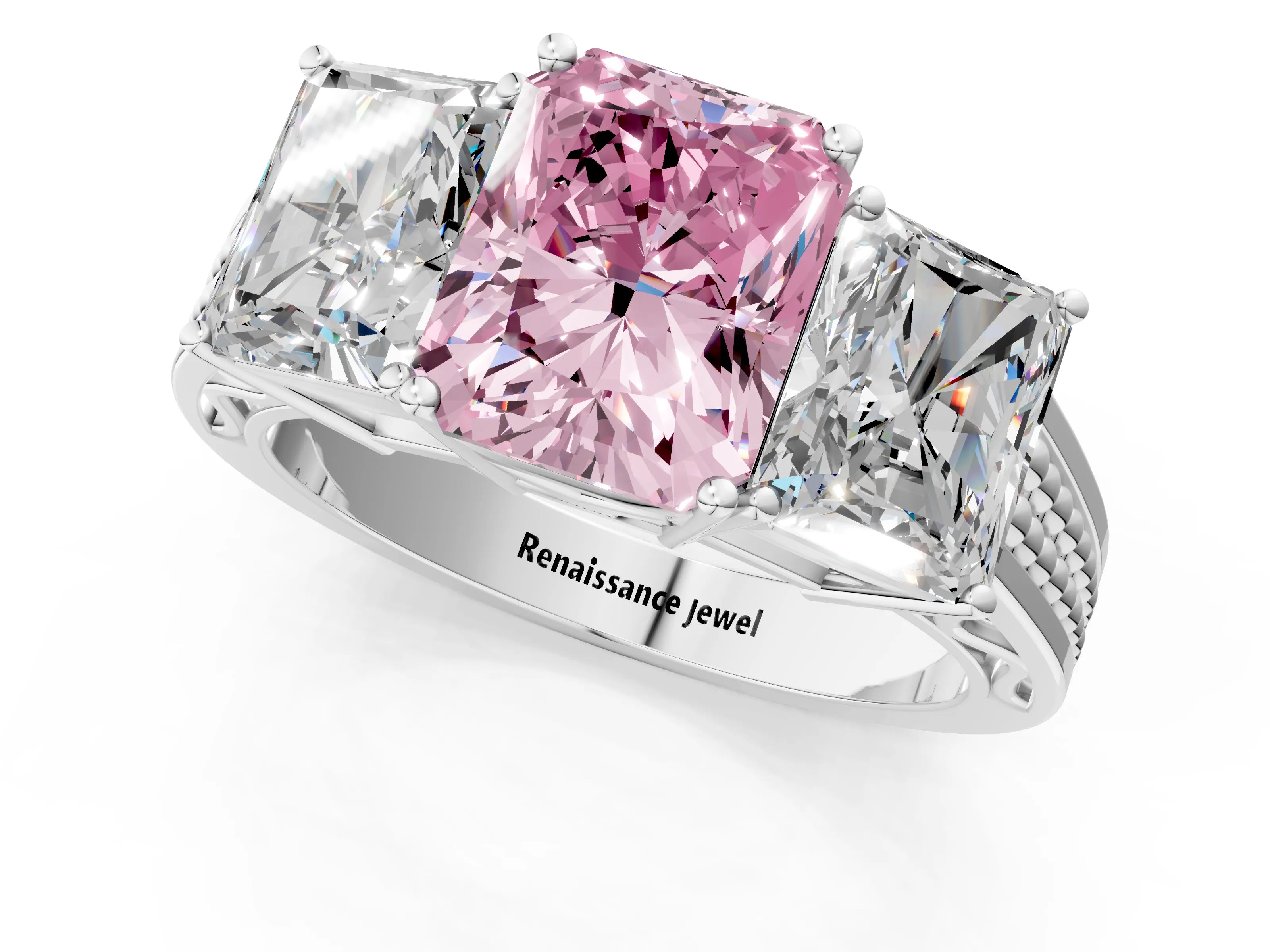 White gold Fancy Pink Radiant Cut Diamond Three-Stone Ring with Prong Setting and Textured Band_13