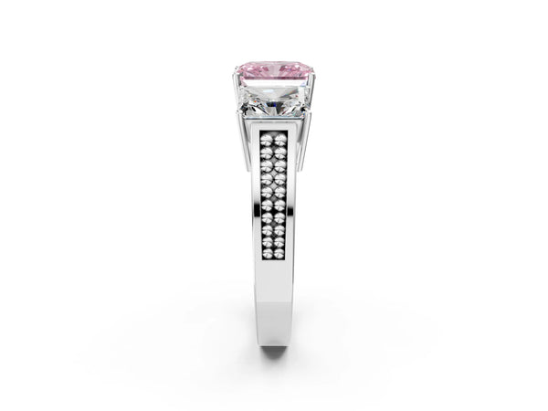 Platinum Fancy Pink Radiant Cut Diamond Three-Stone Ring with Prong Setting and Textured Band