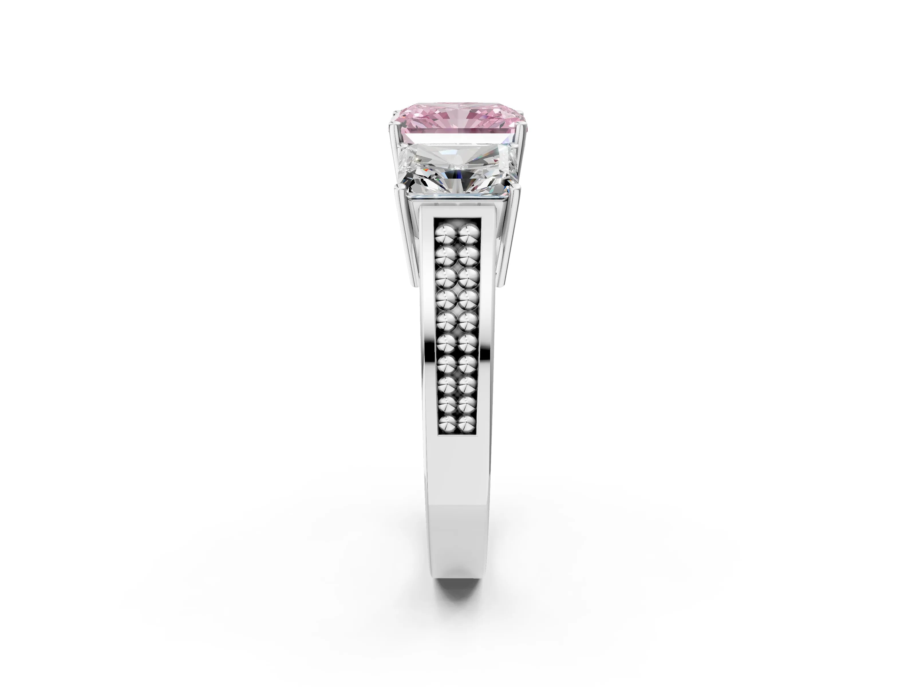 White gold Fancy Pink Radiant Cut Diamond Three-Stone Ring with Prong Setting and Textured Band_14