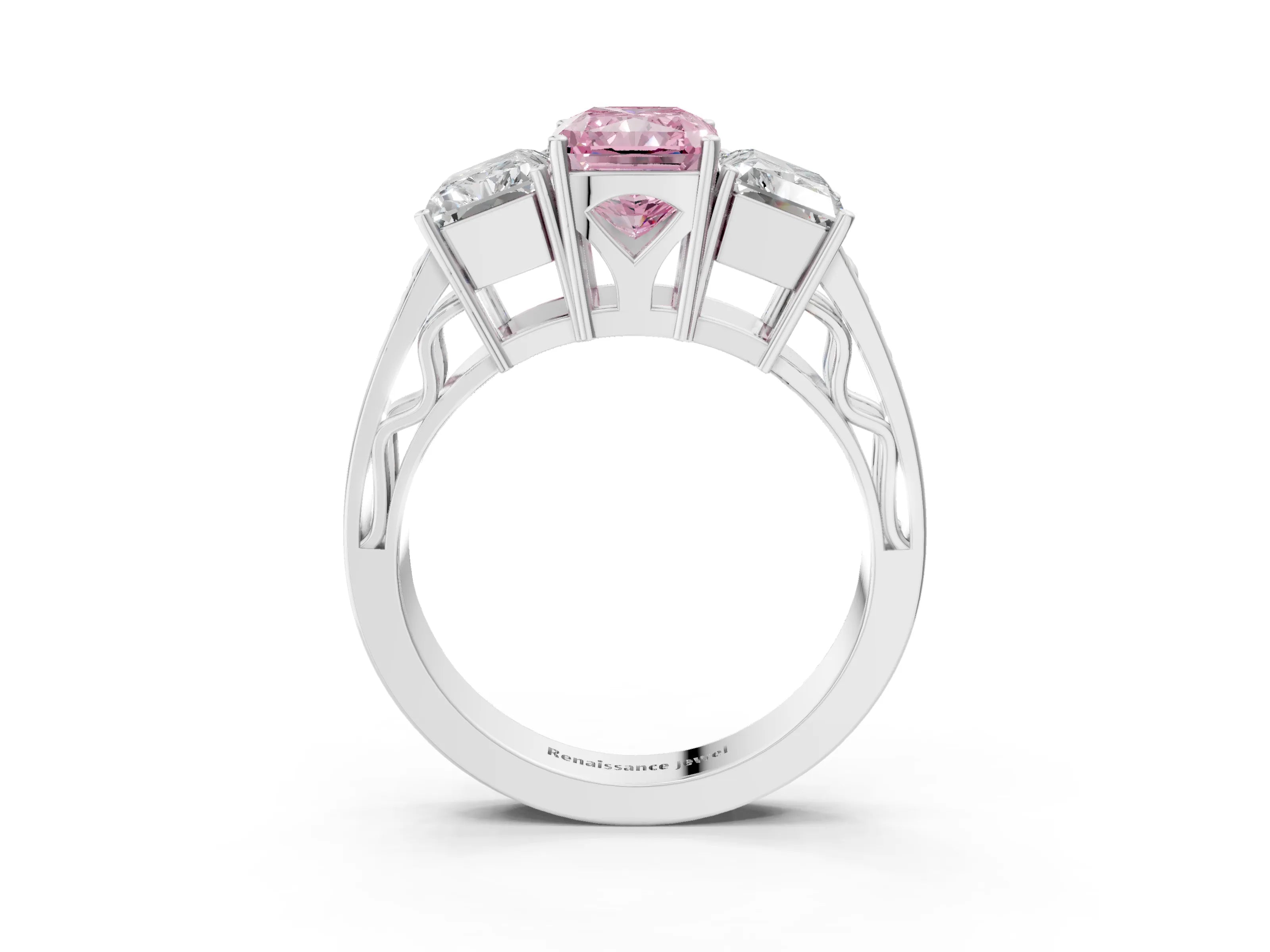 White gold Fancy Pink Radiant Cut Diamond Three-Stone Ring with Prong Setting and Textured Band_15