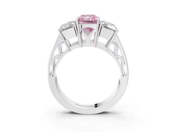 Platinum Fancy Pink Radiant Cut Diamond Three-Stone Ring with Prong Setting and Textured Band