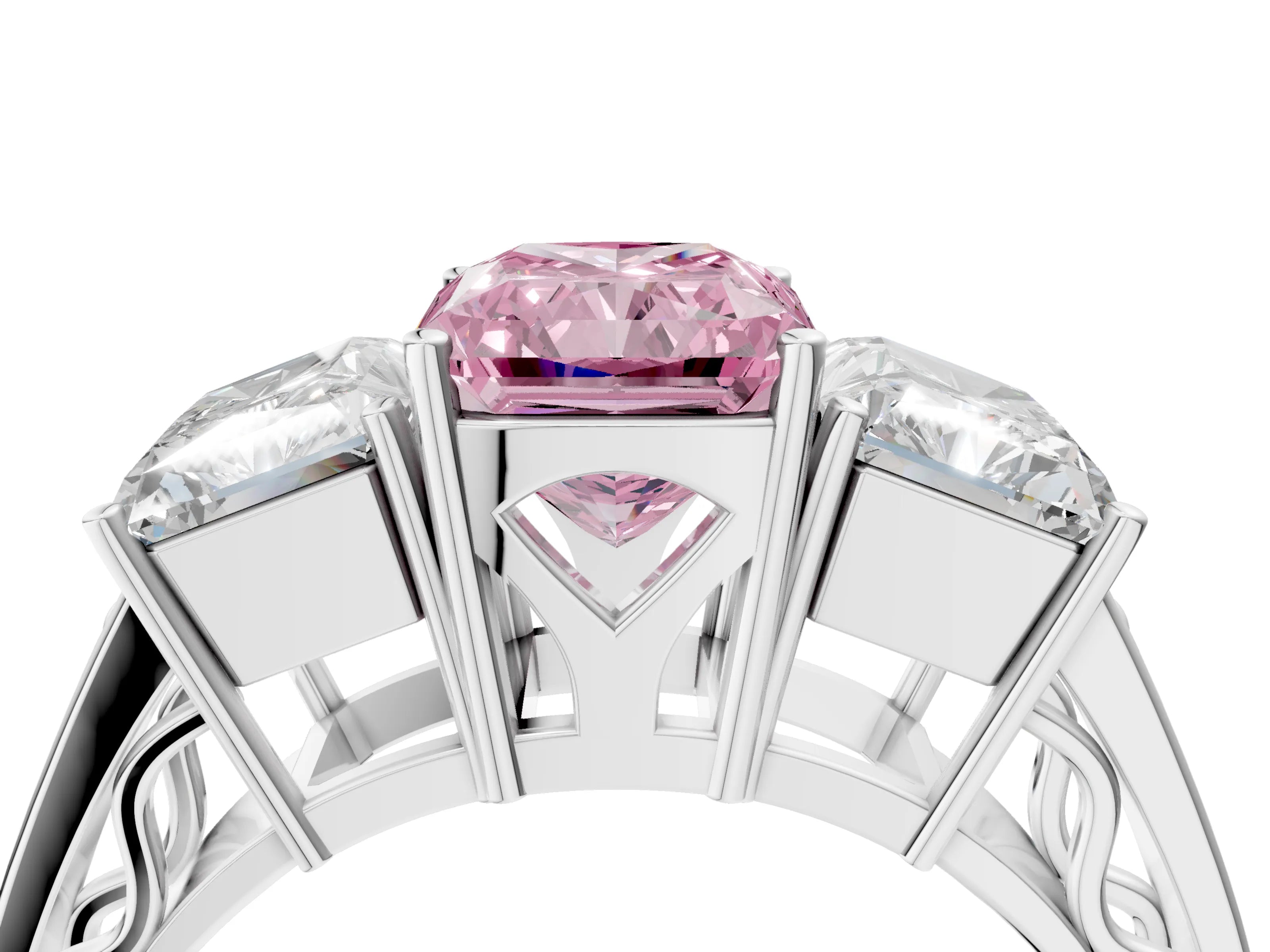 White gold Fancy Pink Radiant Cut Diamond Three-Stone Ring with Prong Setting and Textured Band_16