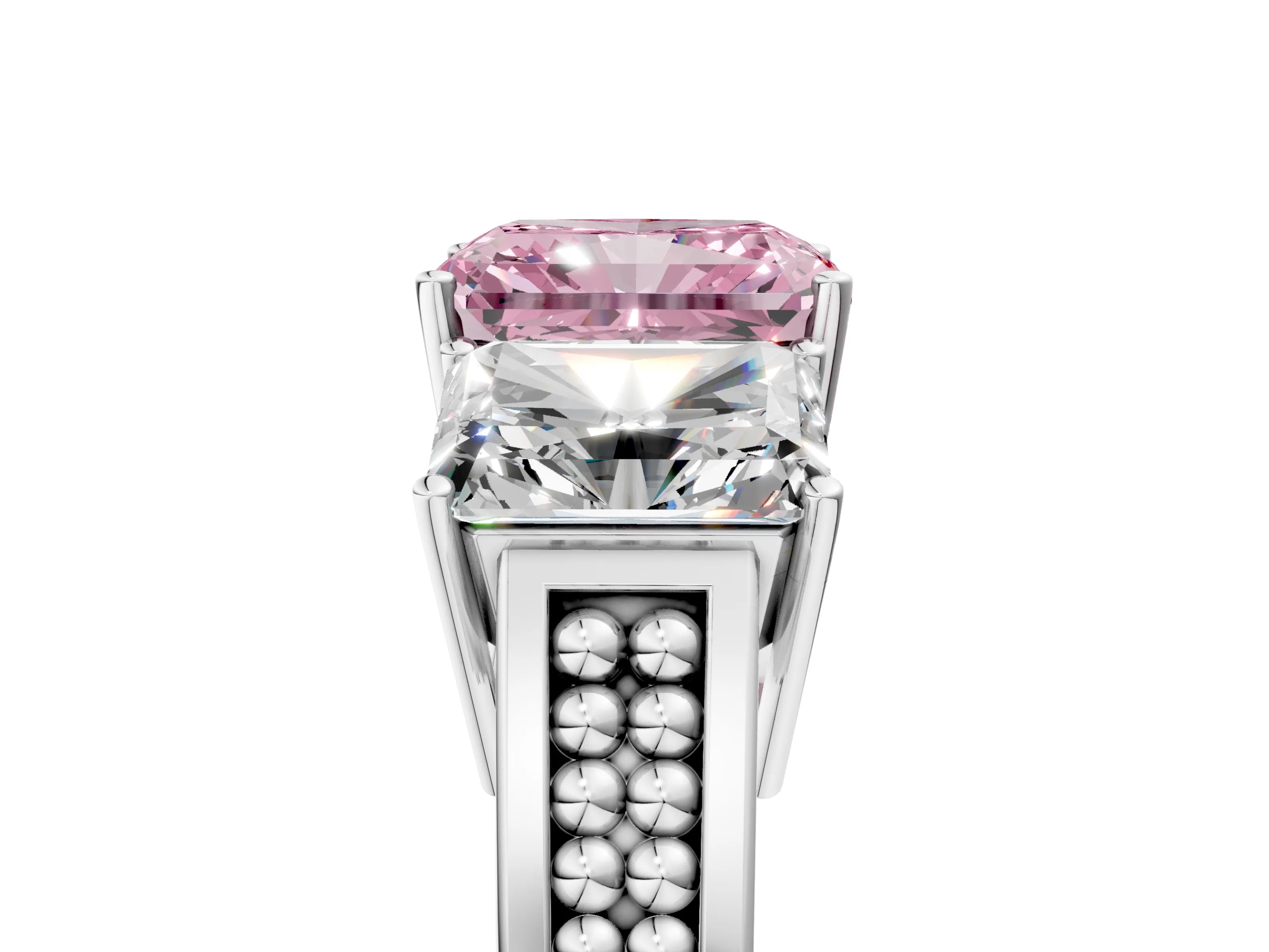 White gold Fancy Pink Radiant Cut Diamond Three-Stone Ring with Prong Setting and Textured Band_17