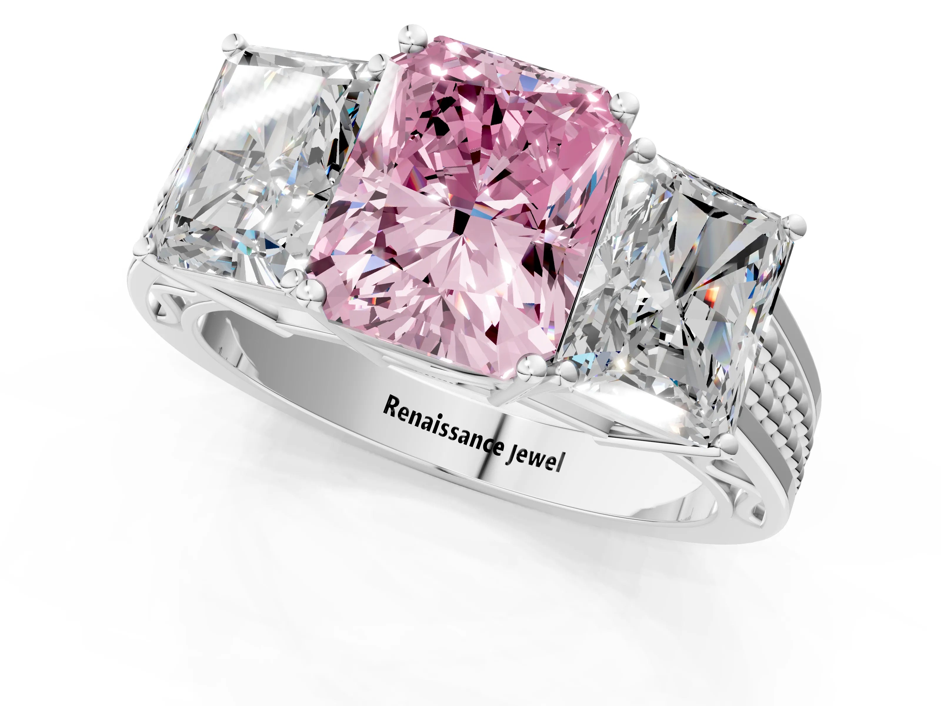White gold Fancy Pink Radiant Cut Diamond Three-Stone Ring with Prong Setting and Textured Band_1