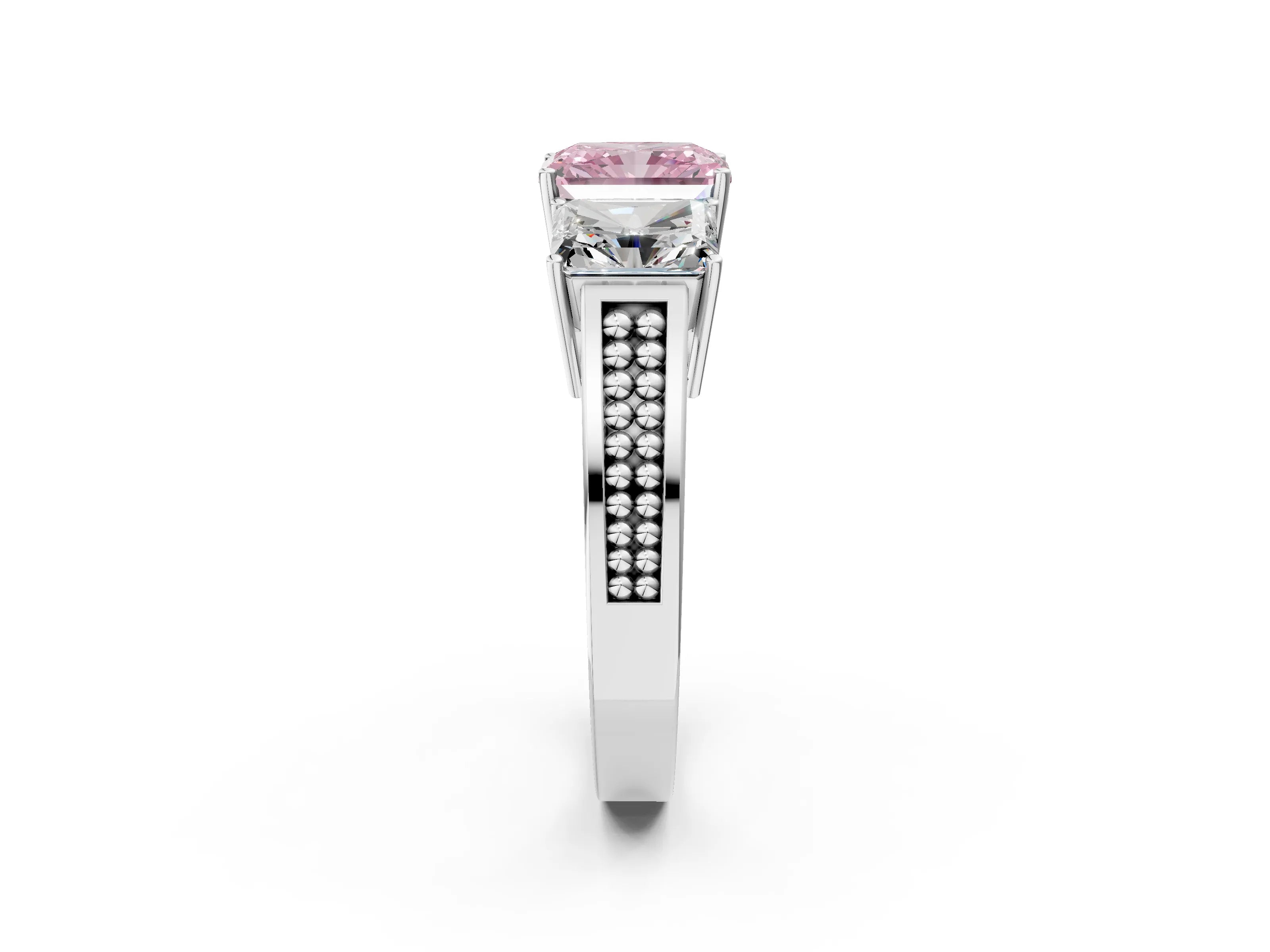 White gold Fancy Pink Radiant Cut Diamond Three-Stone Ring with Prong Setting and Textured Band_2