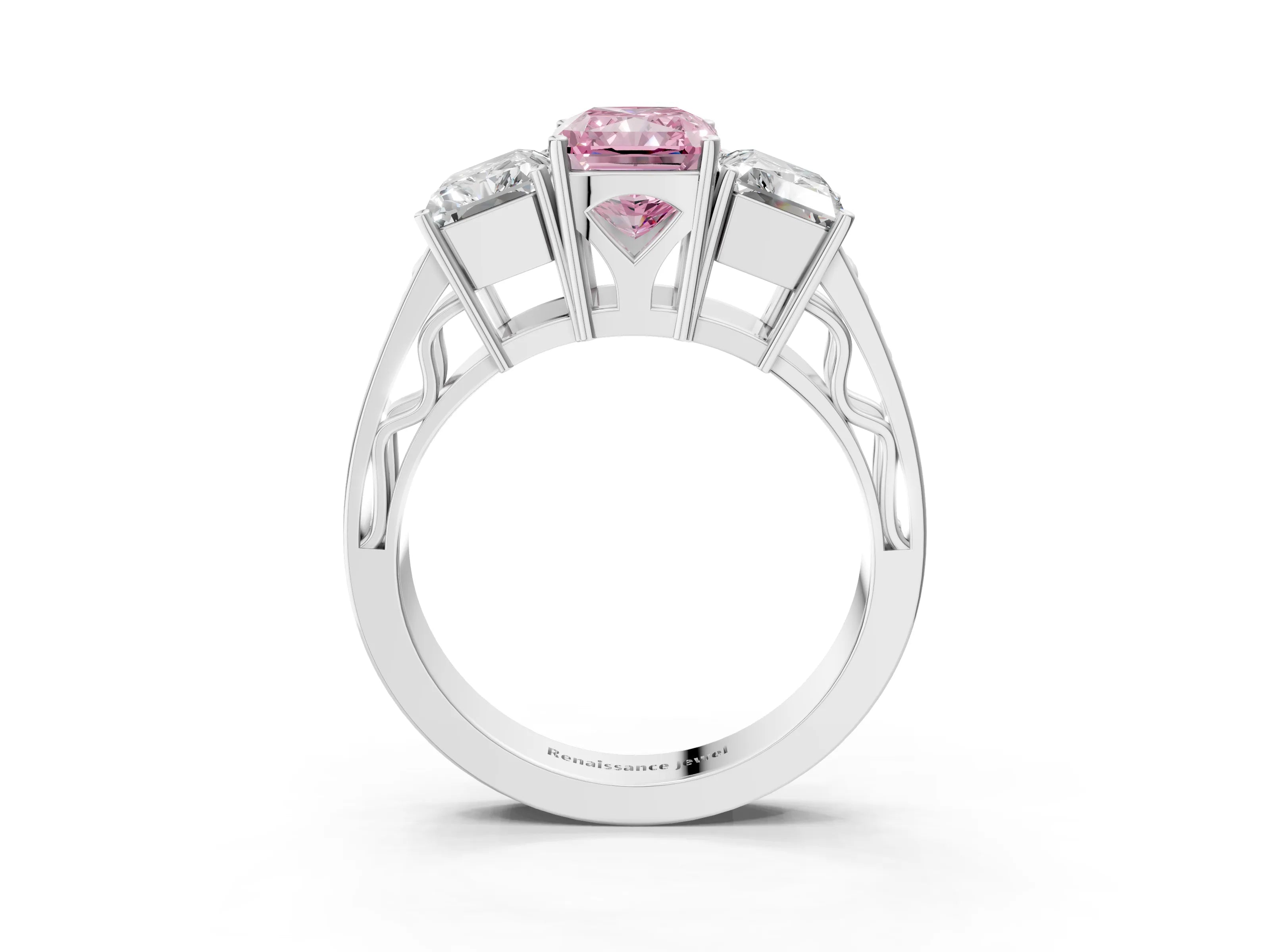 White gold Fancy Pink Radiant Cut Diamond Three-Stone Ring with Prong Setting and Textured Band_3