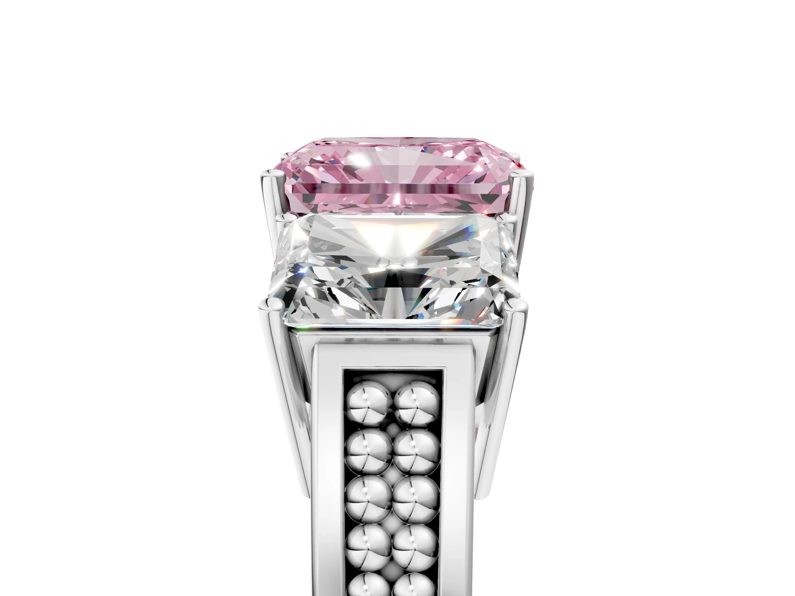 White gold Fancy Pink Radiant Cut Diamond Three-Stone Ring with Prong Setting and Textured Band_5