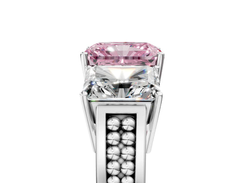 White gold Fancy Pink Radiant Cut Diamond Three-Stone Ring with Prong Setting and Textured Band_5